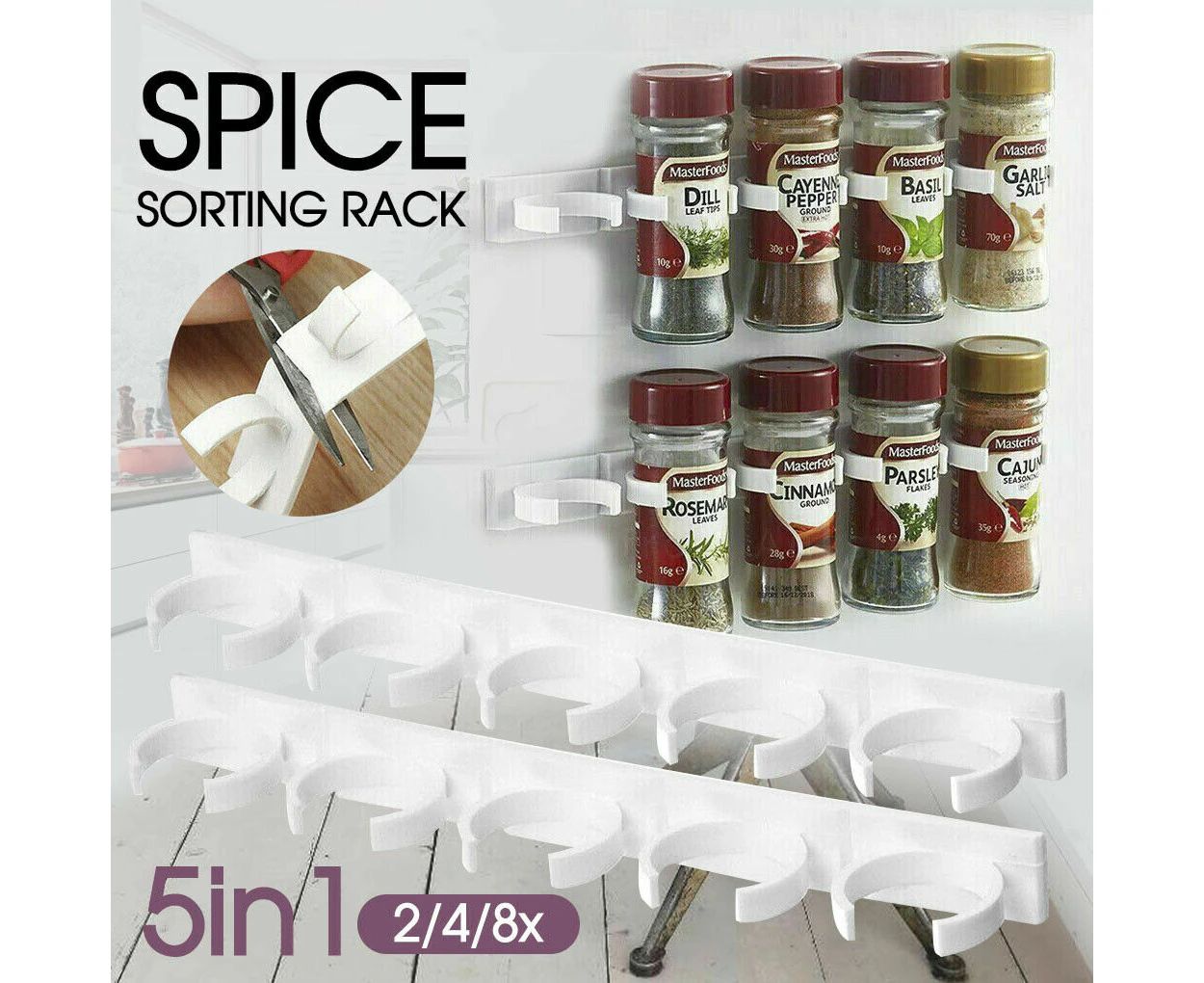 2/4/8x Kitchen Spice Gripper Strip Jar Rack Organiser Storage Holder Wall