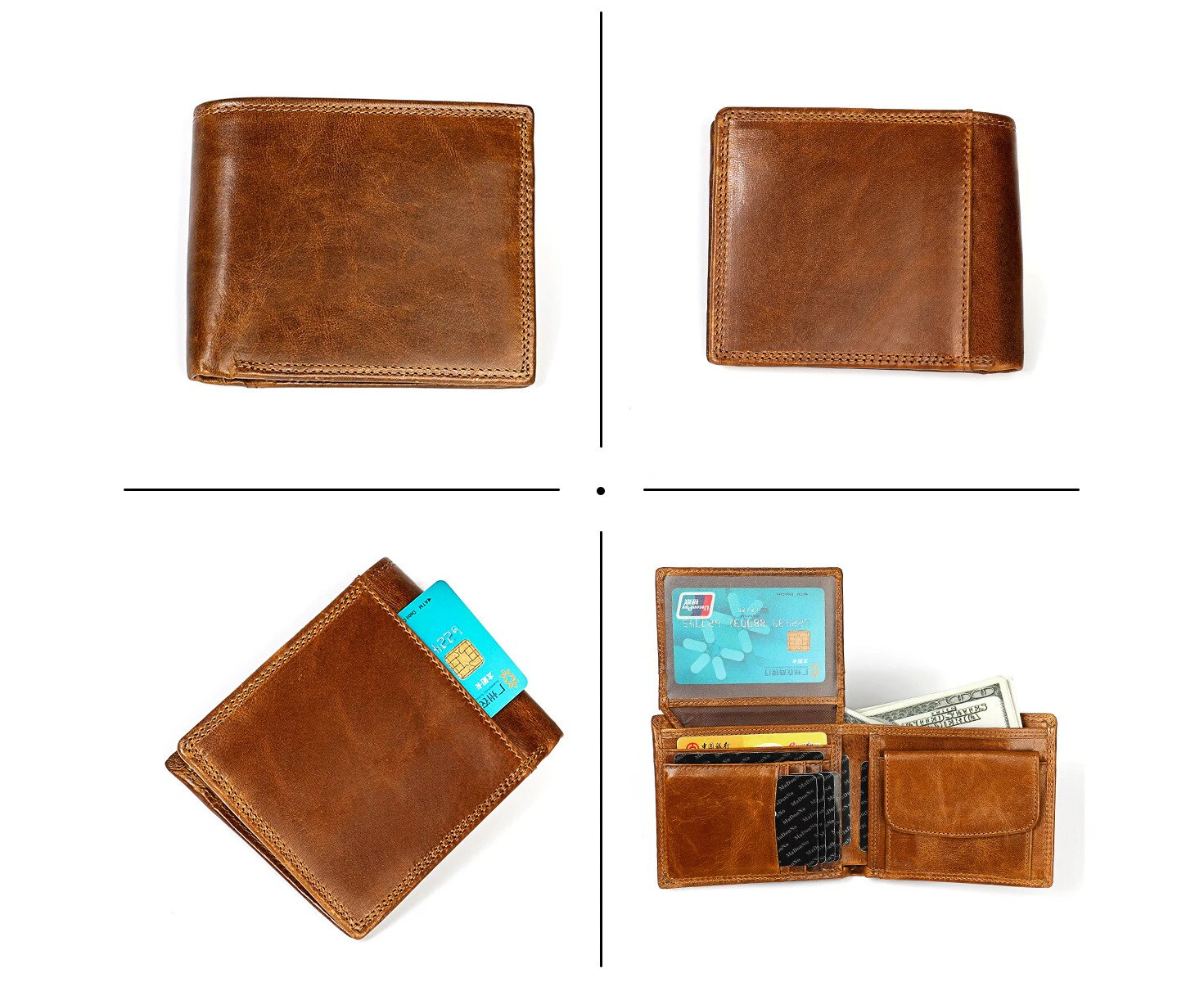 GENODERN Retro RFID Cowhide Men's Wallet Horizontal Wallets for Men Male Purse with Coin Pocket Wallet Man Original—Brown