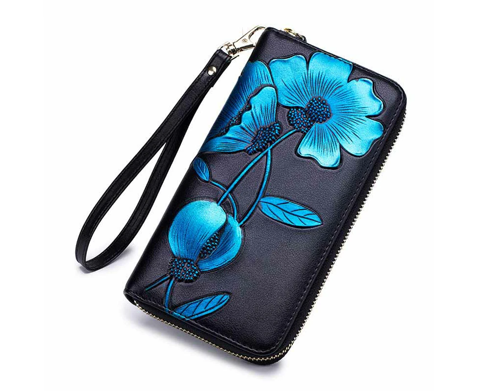 Tenpell Women Rfid Blocking Wallet Zip Around Clutch-Blue Bauhinia