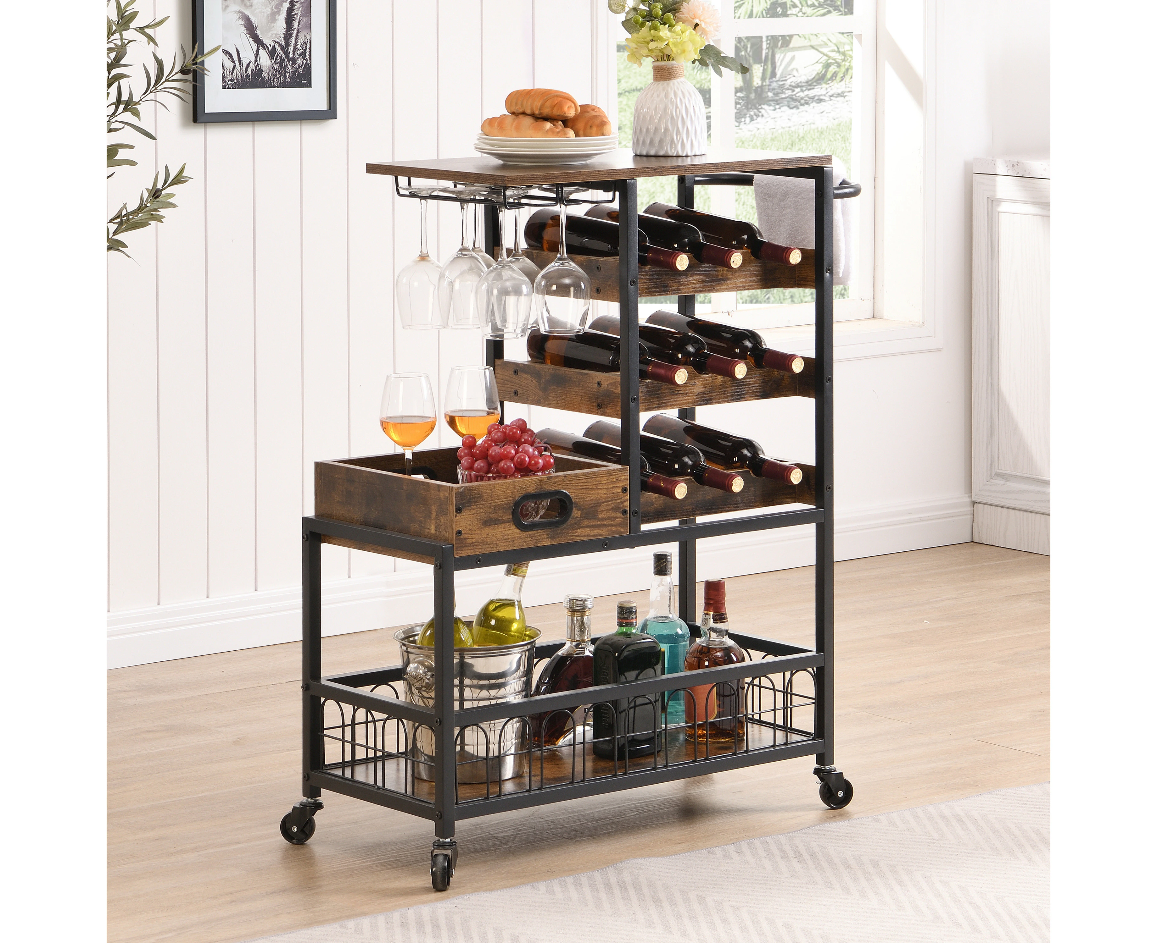 IHOMDEC Bar Cart on Wheels with Wine Rack and Glass Holder, Removable Wood Tray Rustic Brown