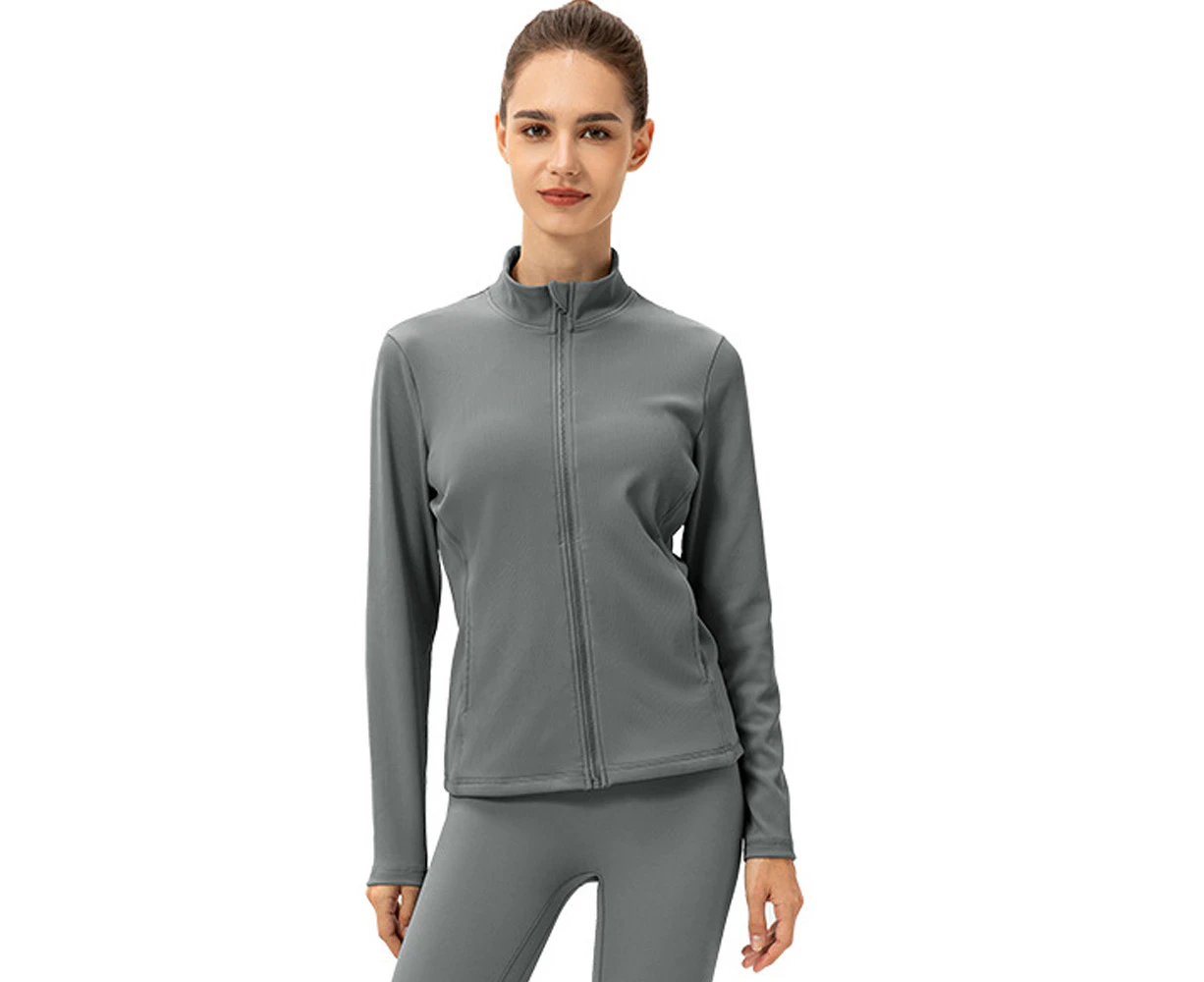 Women's Stretch Full-Zip Jacket Autumn Winter Plush Yoga Jacket Sports Running Fitness Clothes - Grey