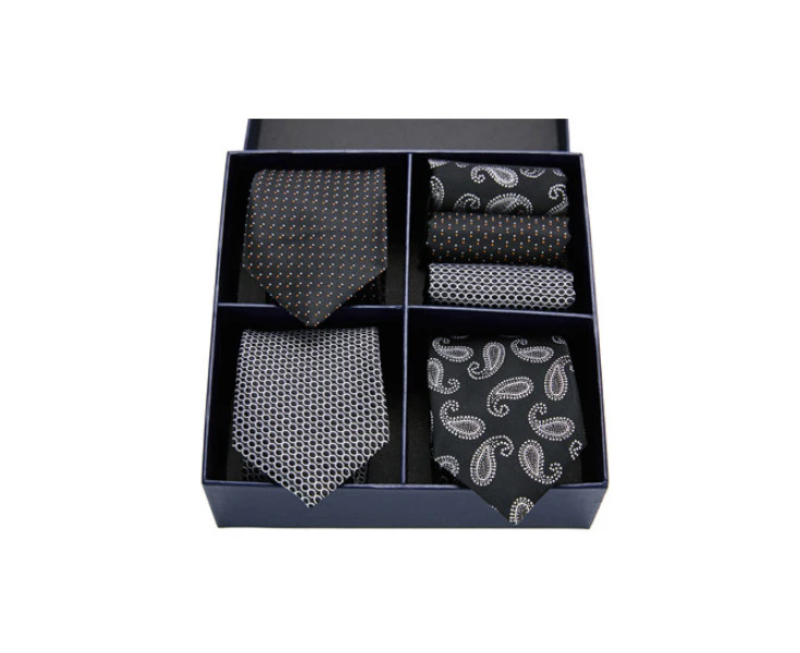 Kings Collection Men Formal Black Tie, Pocket Square 6 Pieces Gift Set Polyester