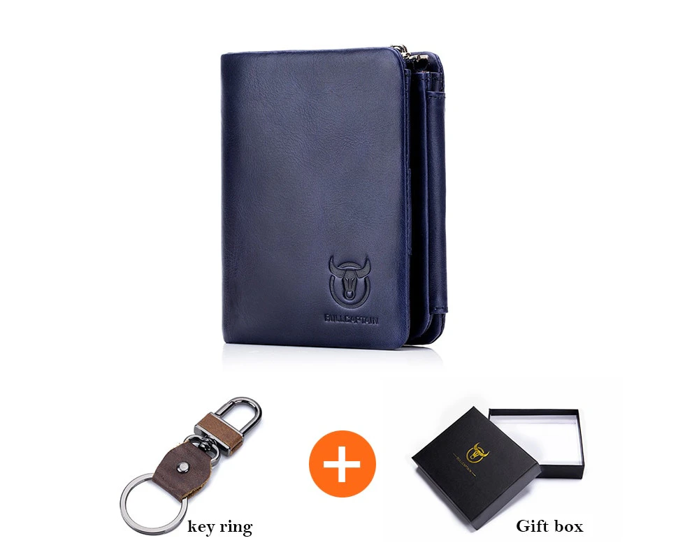 BULLCAPTAIN Brand Leather RFID Retro Wallet Men's Small Zipper Wallet Card Bag Men's Wallet Clutch—Blue