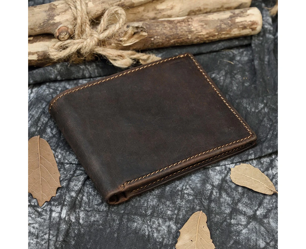 Men's Genuine Leather Trifold Wallet Wowen Natural Leather Zipper Short Purse Card Holder Change Coin Purse Male Clutch Wallets—Brown