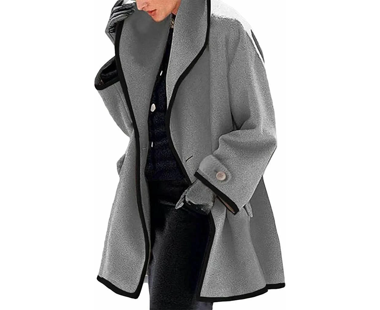 Womens Coat Plain Winter with Hood Warm Mid-Length Coat - Grey