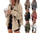 Womens Waffle Knit Plaid Shacket Boyfriend Button Down Shirt Jacket Loose Long Sleeve Tops-white