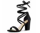 Allegra K One Strap Block Heel Lace Up Sandals - Black