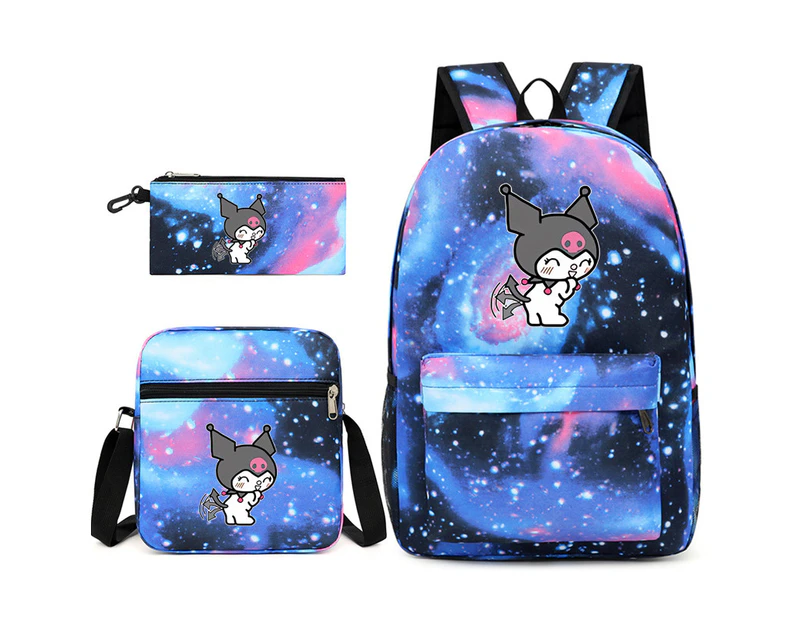 Three Pieces Set Cute Kuromi Backpack Student School Bag Shoulder Bag Pen Bag Star Blue3