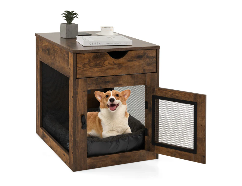 Costway Indoor Dog Crate Wood Side Table Pet Kennel Puppy House w/2 USB Ports & Drawer Living Room Bedroom Coffee