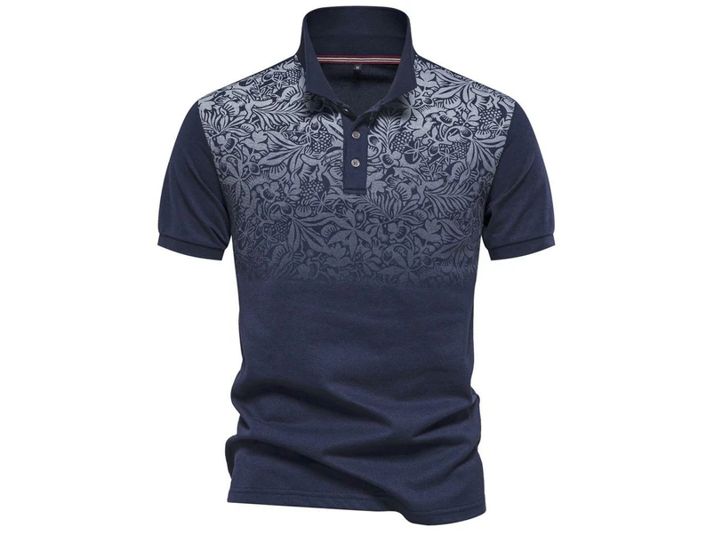 Mens Short Sleeve Polo Shirts Casual Henley Shirts Regular Fitted Printed Tee Tops Work Shirts for Men-Navy