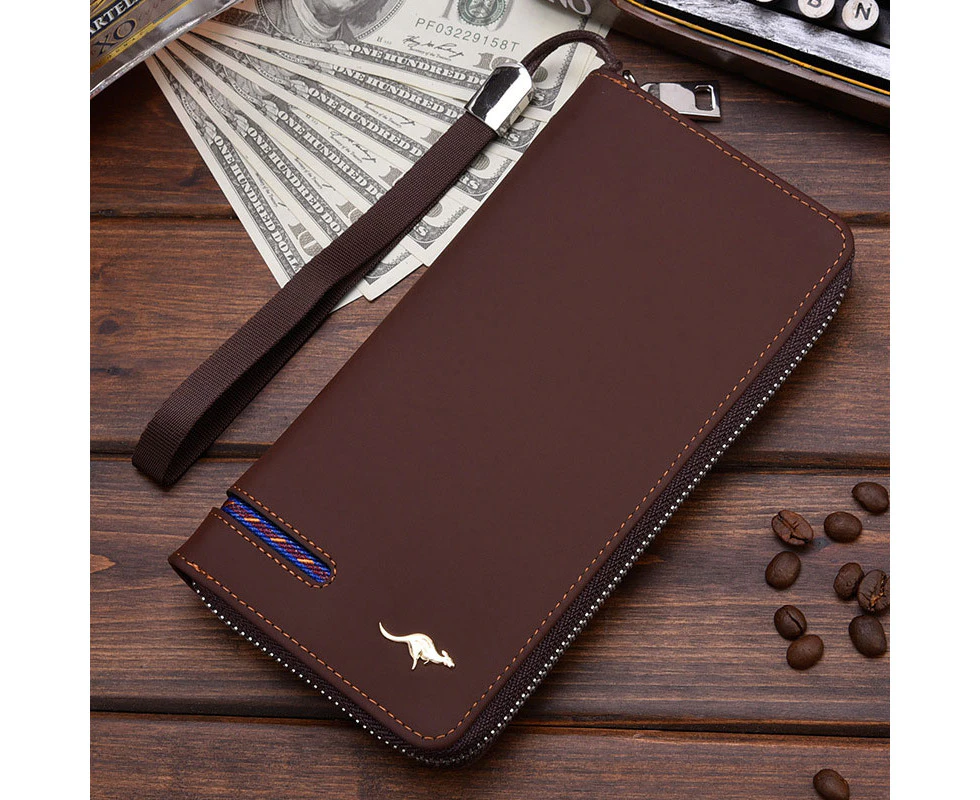 Designer's Men Wallets Famous Brand Kangaroo Wrist Strap Clutch Long Purse for Male Big Capacity Phone Bag Card Holder—Brown