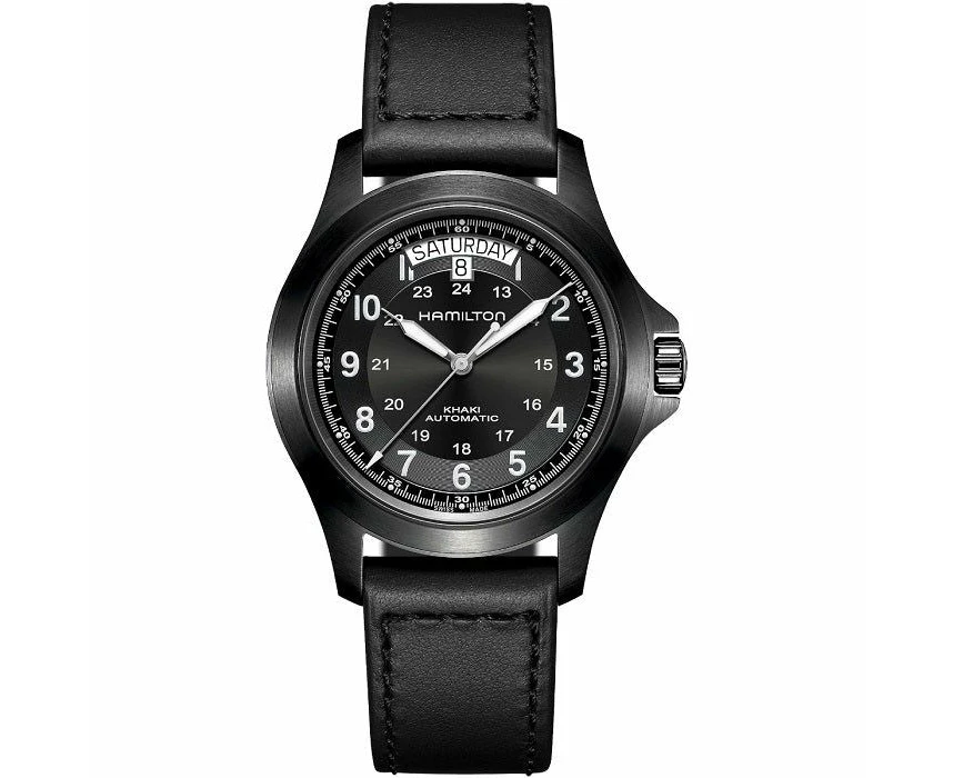 Hamilton Khaki Field King Auto Men's Black Pvd Leather Strap Wristwatch Mod. Khaki Field King Auto