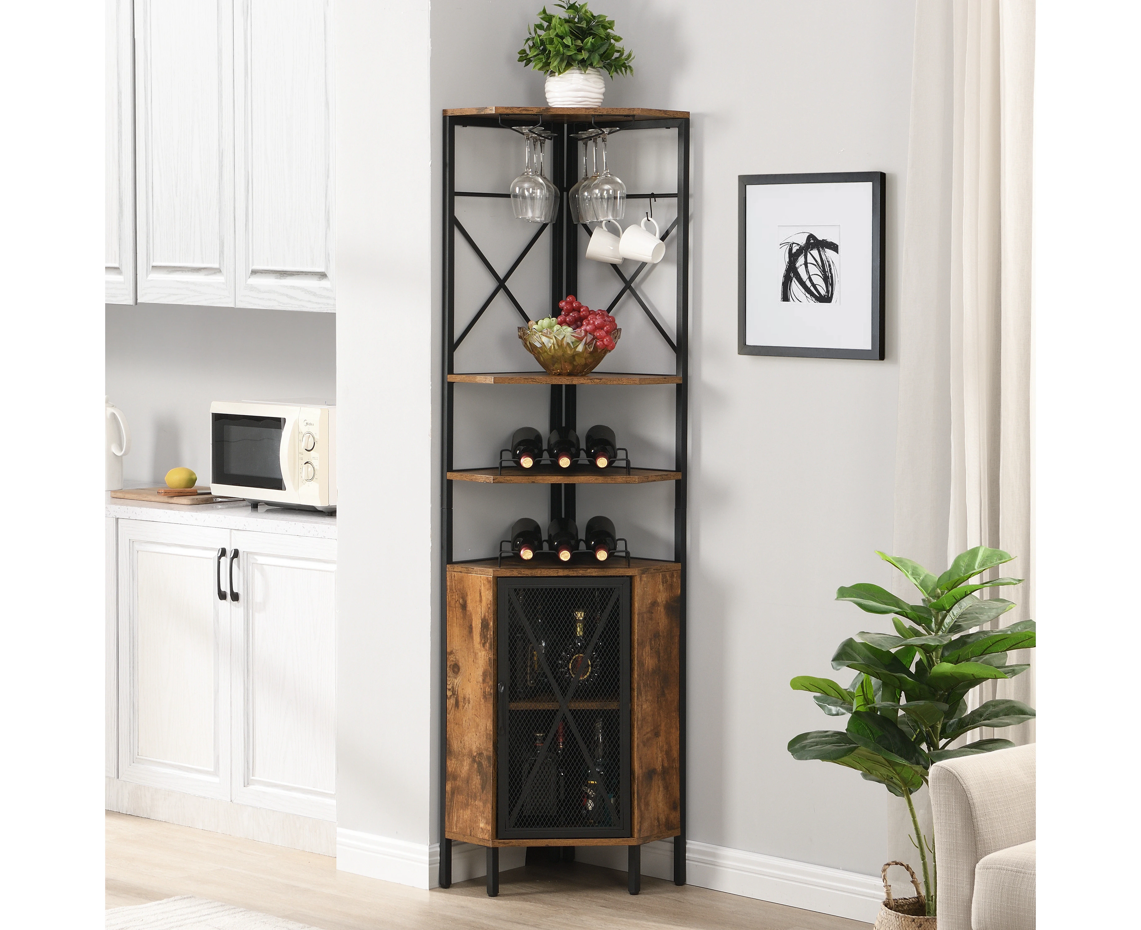 IHOMDEC 6-Tier Multifunctional Pentagon Corner Shelf with Storage Cabinet Rustic Dark Brown