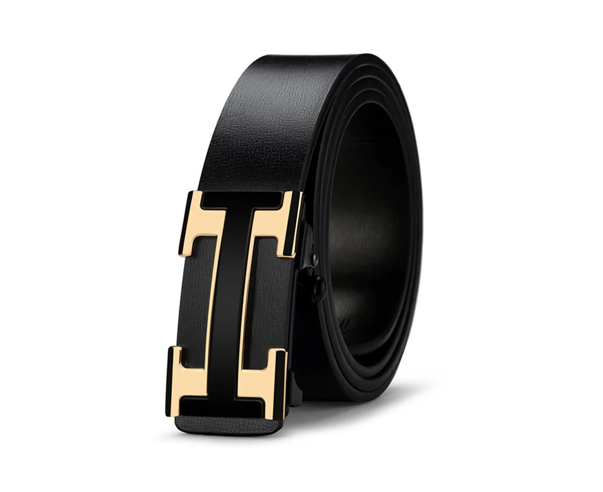 Kings Collection Black Men Genuine Leather Ratchet Belt Adjustable with Automatic Gold Buckle Length 125cm