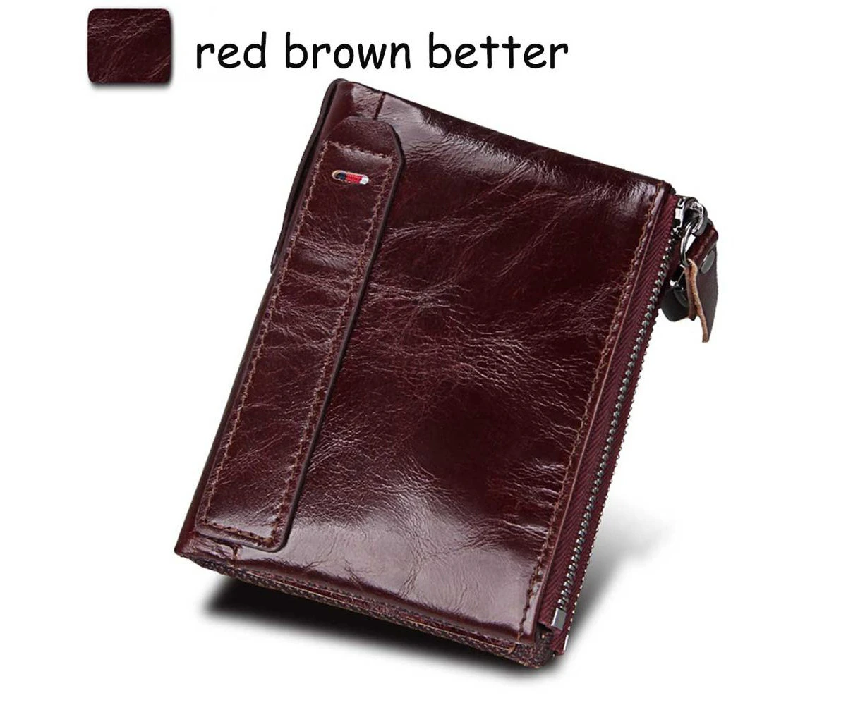 Genuine Cow Leather Men Wallets RFID Double Zipper Card Holder High Quality Male Wallets Purse Vintage Coin Holder Men Wallets—Red