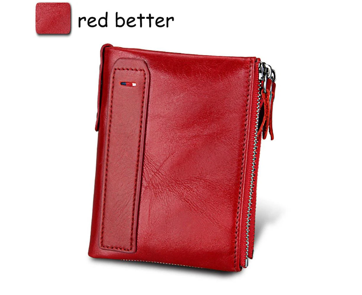 Genuine Cow Leather Men Wallets RFID Double Zipper Card Holder High Quality Male Wallets Purse Vintage Coin Holder Men Wallets—Red