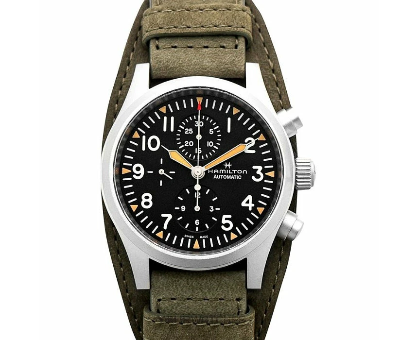 Hamilton Khaki Field Auto Chrono Men's Stainless Steel Leather Strap Wristwatch Model Khaki Field Auto Chrono, 44mm, 10 Atm Water