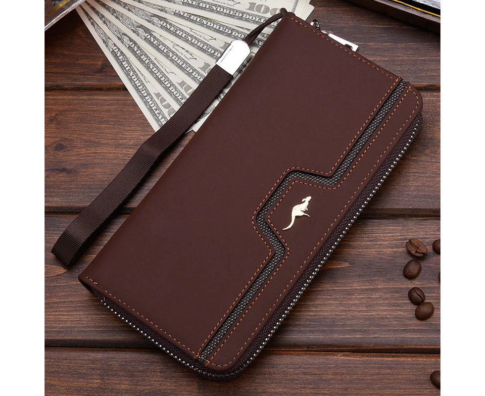 Designer's Men Wallets Famous Brand Kangaroo Wrist Strap Clutch Long Purse for Male Big Capacity Phone Bag Card Holder—Brown