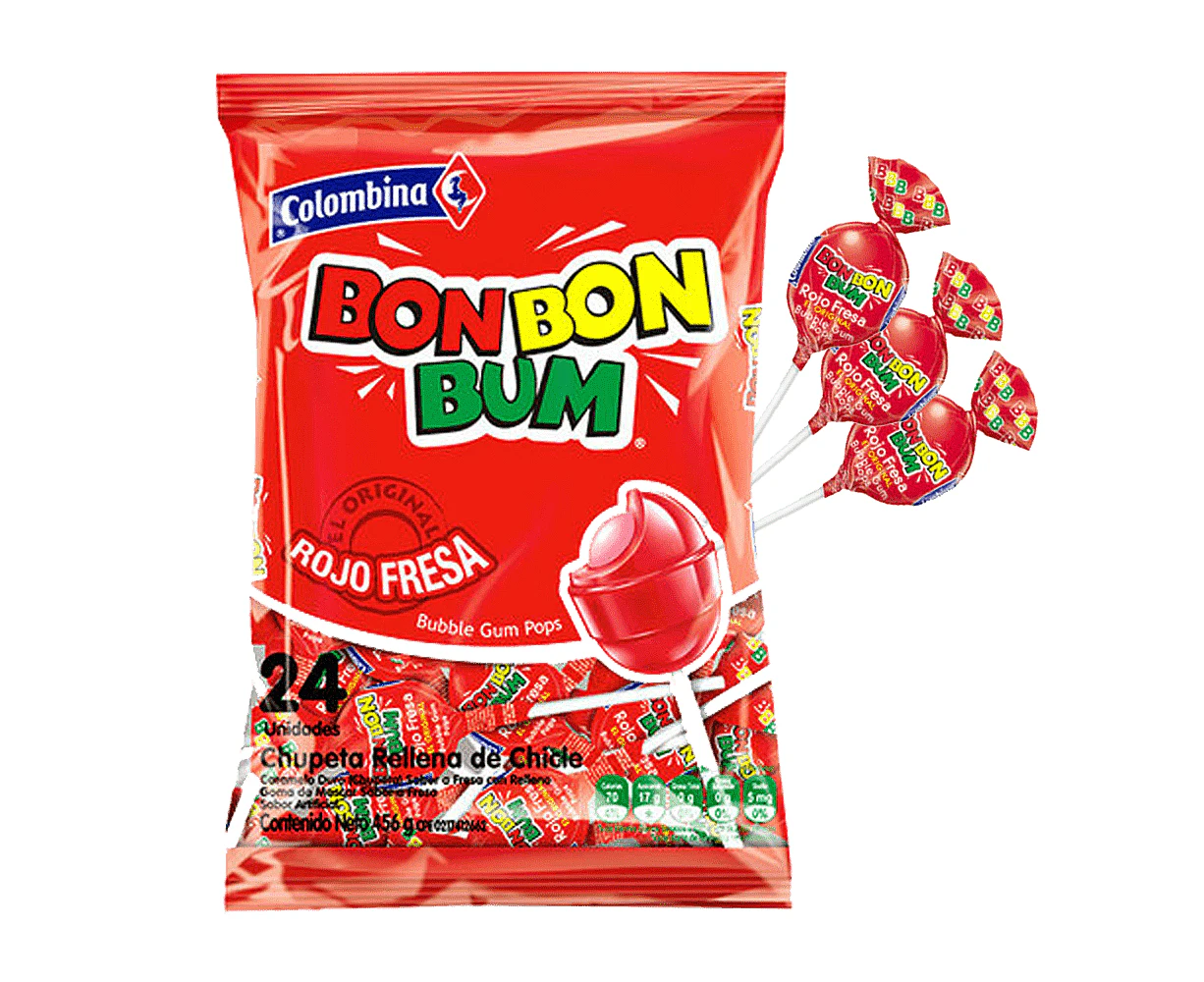 Bon Bon Bum Bubble Gum Pops - Strawberry  24-Pack 456g