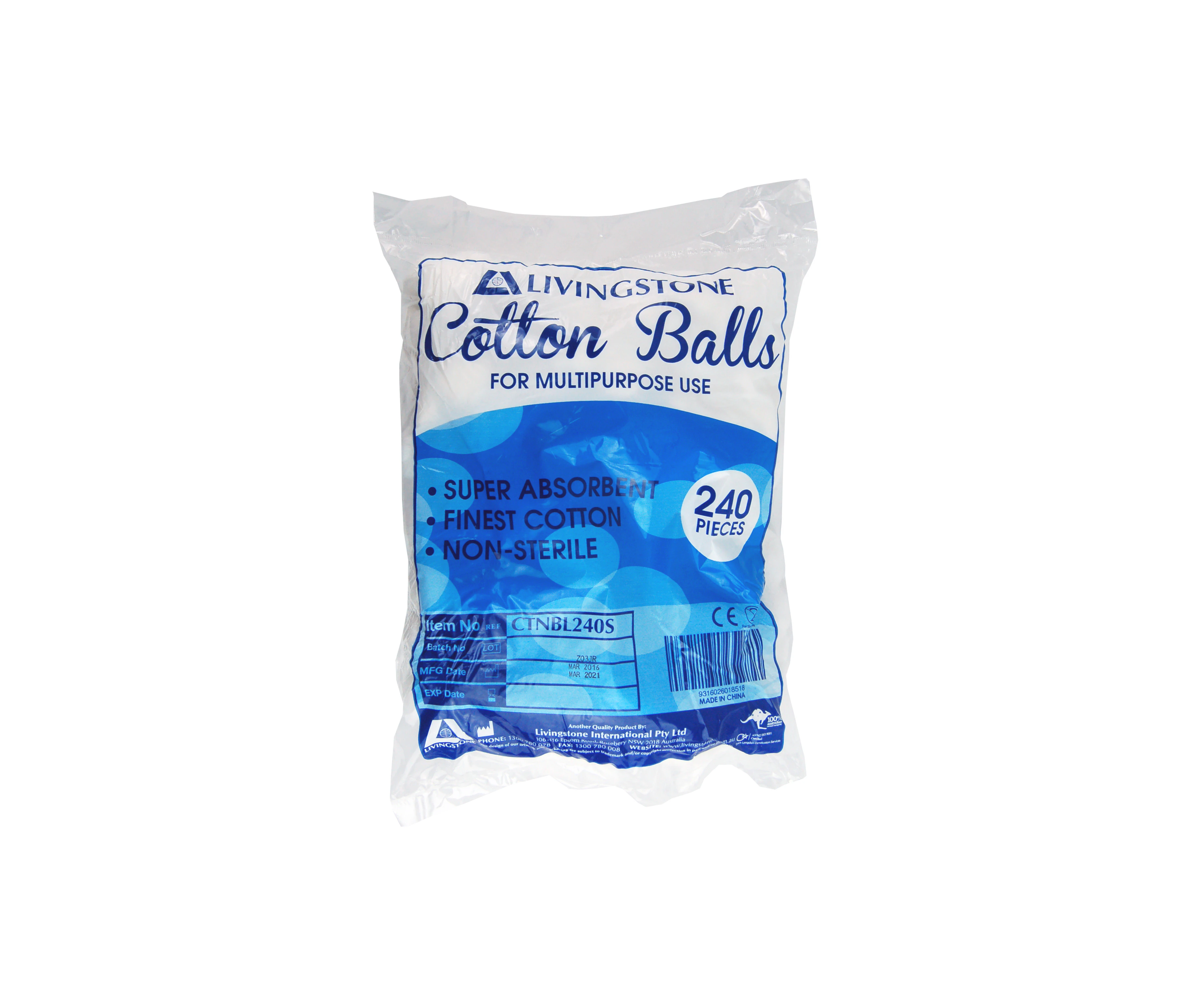 Livingstone Cotton Balls 0.6g Non-Sterile White 240 Bag