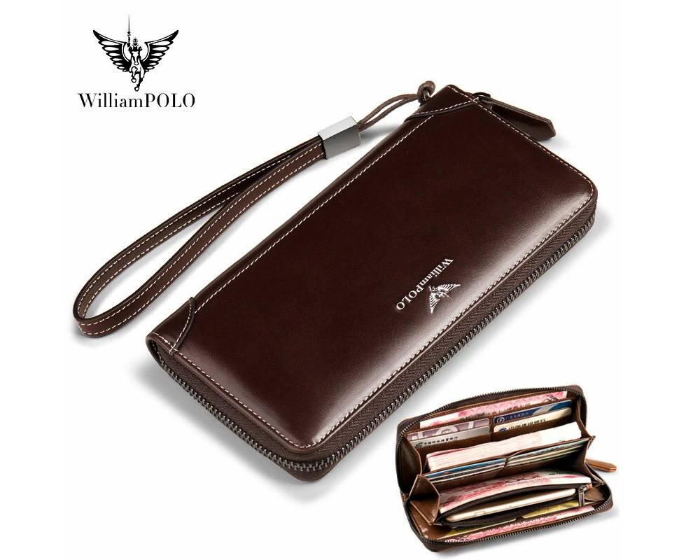 WILLIAMPOLO Brand Business Men Wallet Long Genuine Leather Clutch Wallet Purse Male Top Quality Soft Cowhide Handmade Coin Pouch—Brown