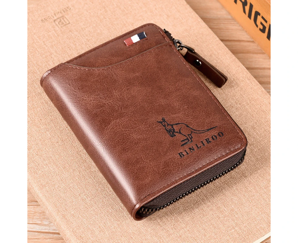 Fashion Men's Genuine Leather Wallet RFID Anti Theft Male Business Card Holder Man Money Bag Purse Zipper Wallet for Men—Brown