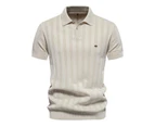 Mens Knitted Striped Polo Shirts Casual Henley Shirts Regular Fitted Work Shirts for Men-Natural