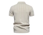 Mens Knitted Striped Polo Shirts Casual Henley Shirts Regular Fitted Work Shirts for Men-Natural