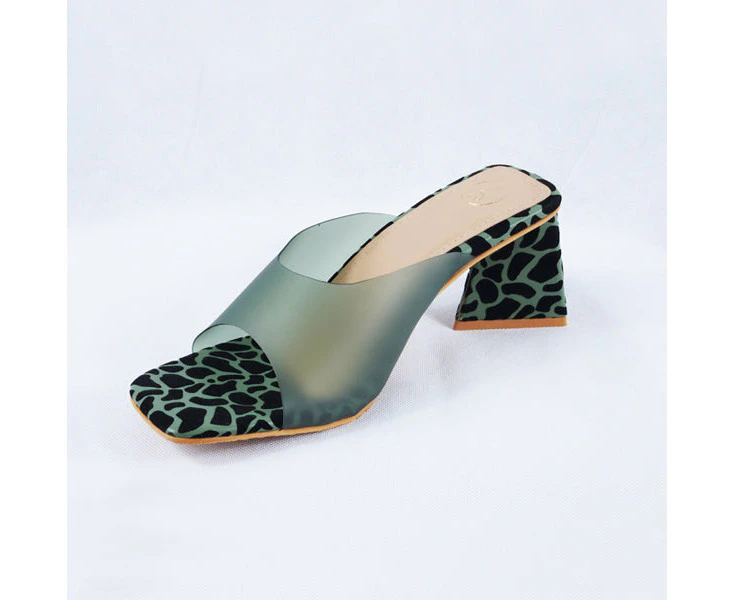 Benita Sage Green Animal Print Women's Block Heel Mules