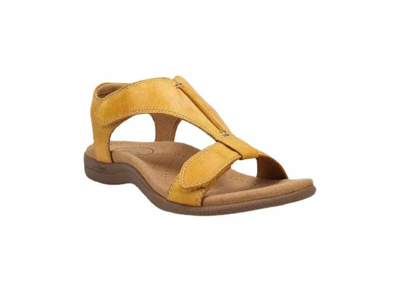 Amoretu Premium Leather Sandals for Women Hook & Loop Closure Flats-Yellow