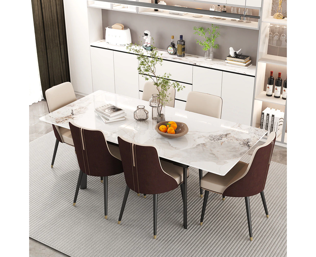 UNHO Sintered Stone Dining Table 1.3M-1.6M Extendable Kitchen Dining Table with Stee Legs - Glossy Jade-White