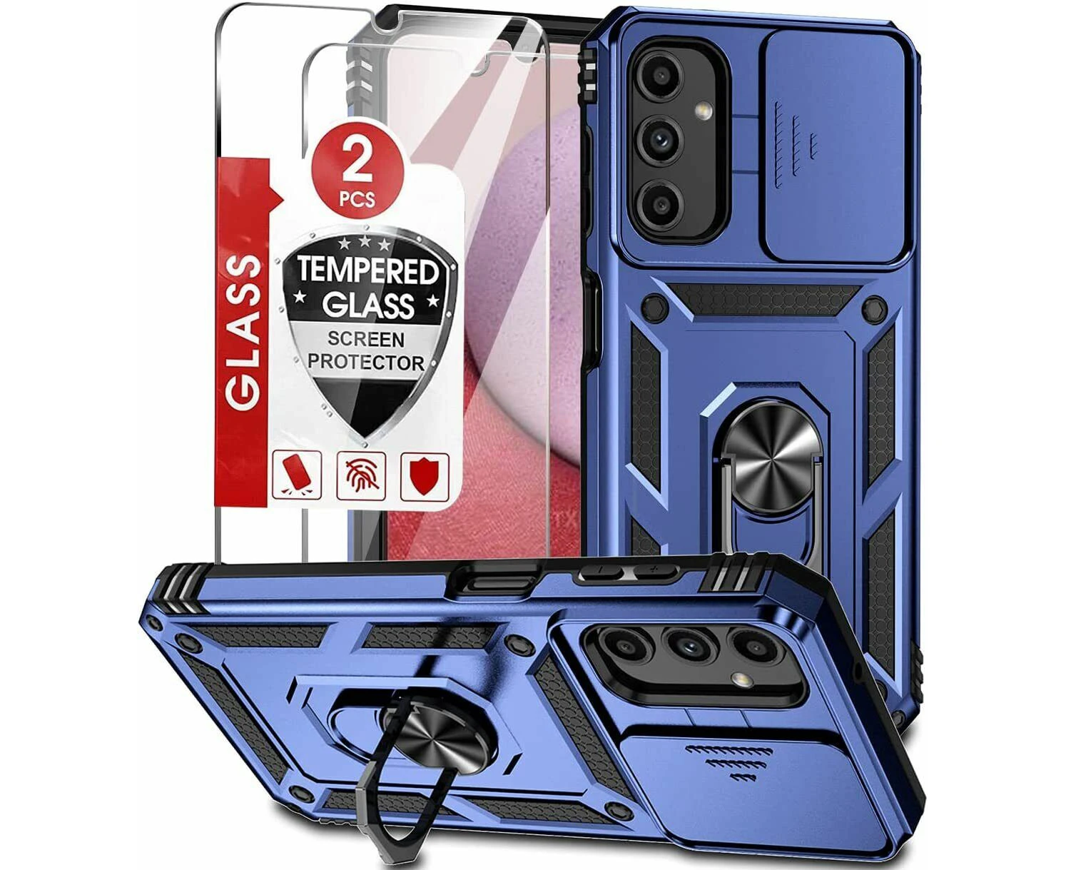 For Samsung Galaxy A05s Heavy Duty Case Metal Ring Kickstand Cover + 2 Pack Tempered Glass Scree Protector - Blue