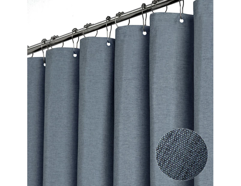 Hotel Luxury Linen Fabric Shower Curtain with Hooks, Heavy Duty Waterproof Shower Curtain Set for Bathroom - Blue