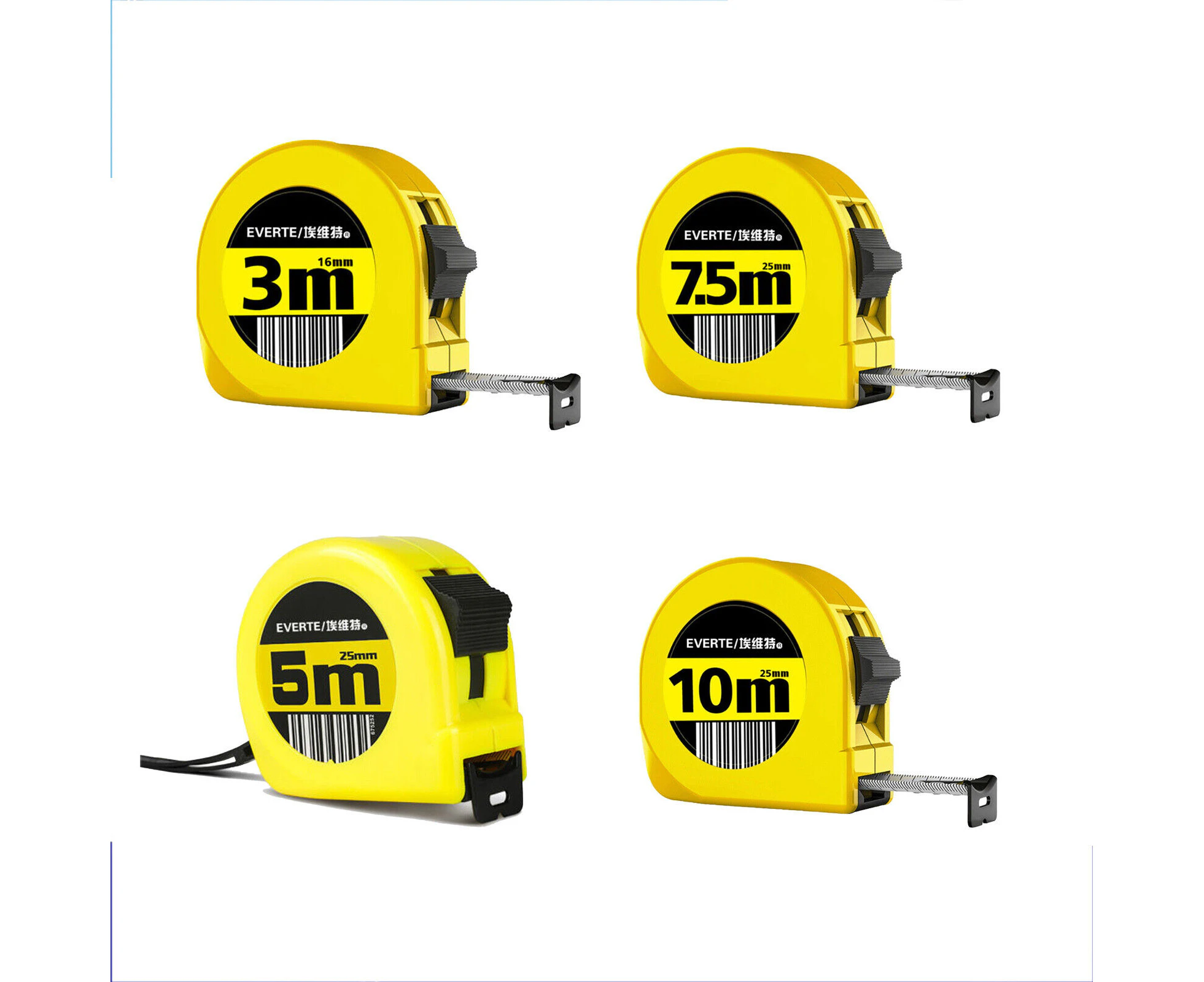 EVERTE 3M+5M+7.5M+10M Steel Tape Measure with Lock - Metric Measuring Ruler Set for Accurate Measurements