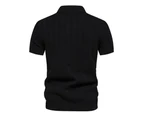 Mens Knitted Striped Polo Shirts Casual Henley Shirts Regular Fitted Work Shirts for Men-Black