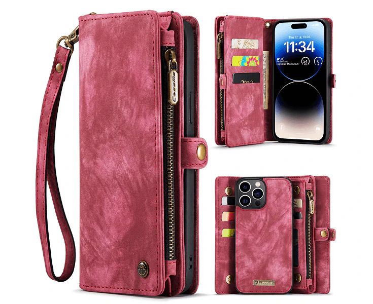 CaseMe For Apple iPhone 15 Pro Zipper & Detachable Retro Leather Pouch Wallet Flip Purse Bag Detachable Phone Case Cover (Red)