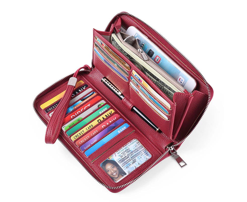 Women's RFID Blocking 100% Leather Large Capacity Zip Around Wallet Phone Holder Clutch Travel Purse Wristlet Red