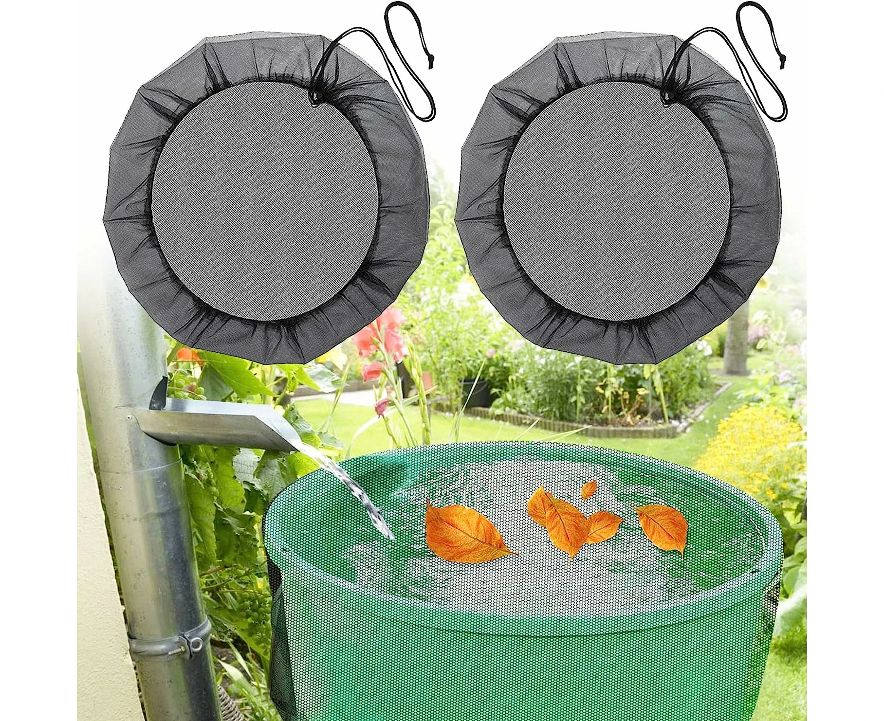 2 Pcs Rain Barrel Net, Ø 60 cm Rain Barrel Cover with Drawstring, Adjustable Protective Net, Protection Against Leaves, Mosquitoes