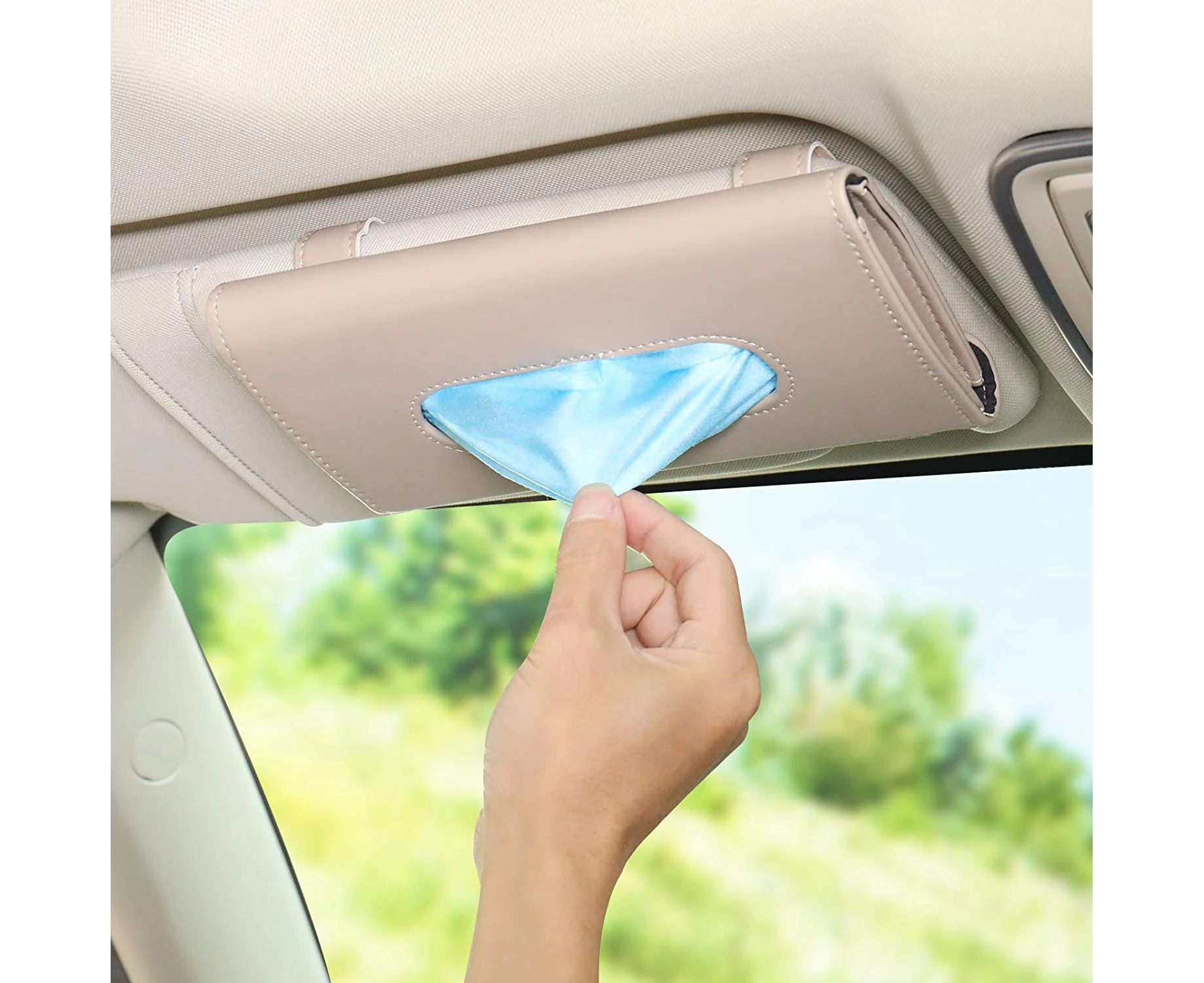 Car Sun Mask Holder Car Tissue Holder Sun Mask Dispenser(Beige) for Car Sun Visor Back Seat Premium Leather Face Mask Holder for Car Wet Wipes Box for Car