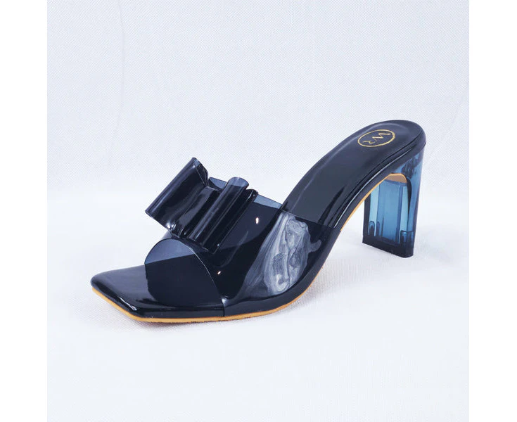 Kalysta Black Patent Clear Block Heel Mules for Women