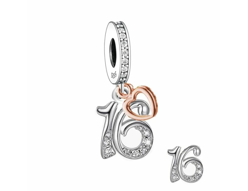 S925 Silver & Rose Gold Sparkling 16th Birthday & Heart Charm by YOUnique Designs - Pandora Compatible