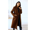 Women's Winter Oversize Lapel Collar Double Breasted Long Jacket-brown