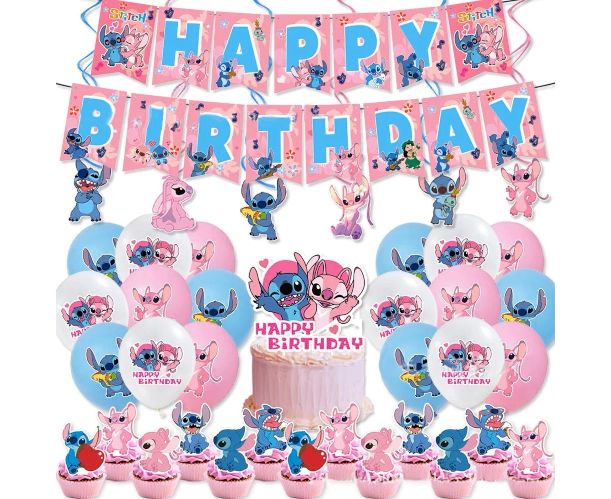 Stitch Theme Party Decorting Set | Birthday Banner | Cake Cupcake Toppers | Latex Balloons | Swirls | Kids  Cartoon Theme Birthday Party Decorations