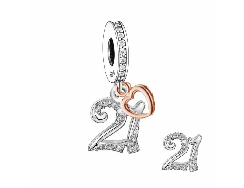 S925 Silver & Rose Gold Sparkling 21st Birthday & Heart Charm by YOUnique Designs - Pandora Compatible