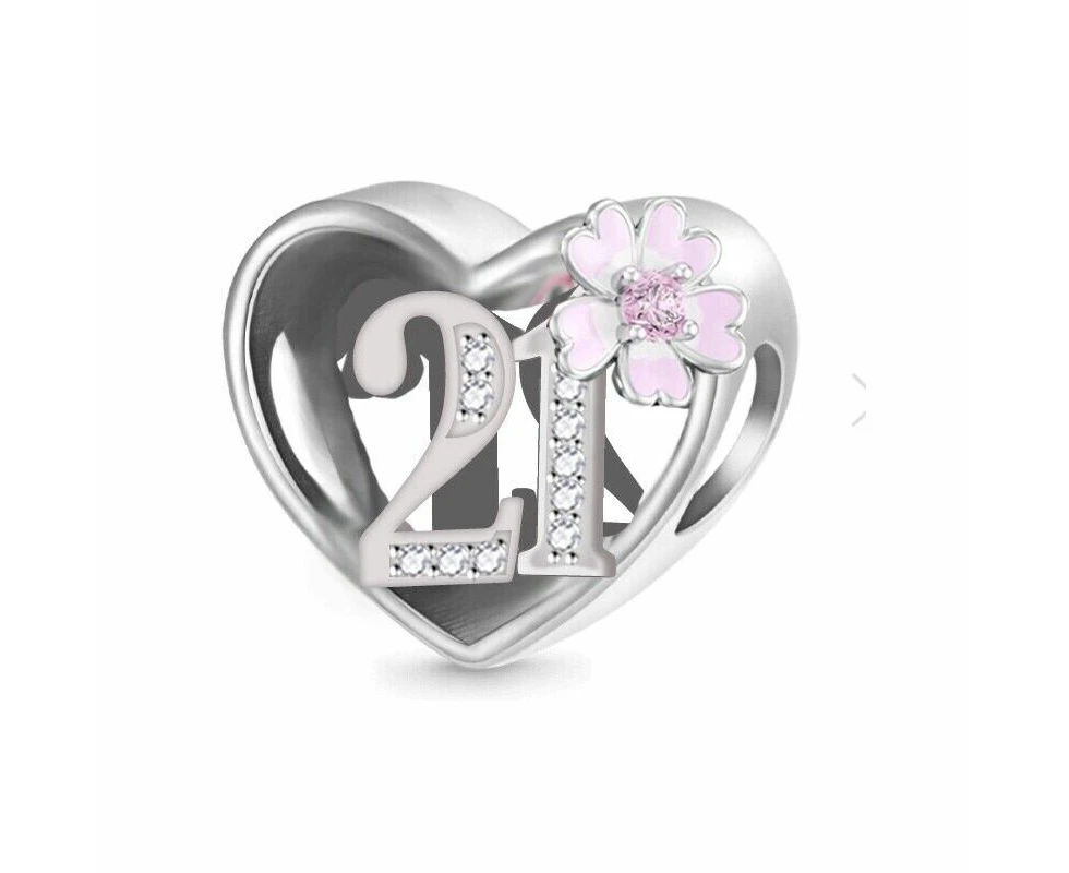 S925 Sterling Silver 21st Birthday Pink Flower Heart Charm by YOUnique Designs - Pandora Compatible