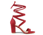 Allegra K One Strap Block Heel Lace Up Sandals - Red