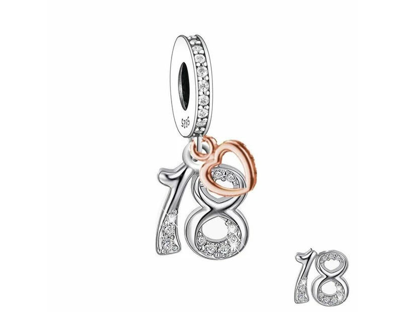 S925 Silver & Rose Gold Sparkling 18th Birthday & Heart Charm  byYOUnique Designs - Pandora Compatible