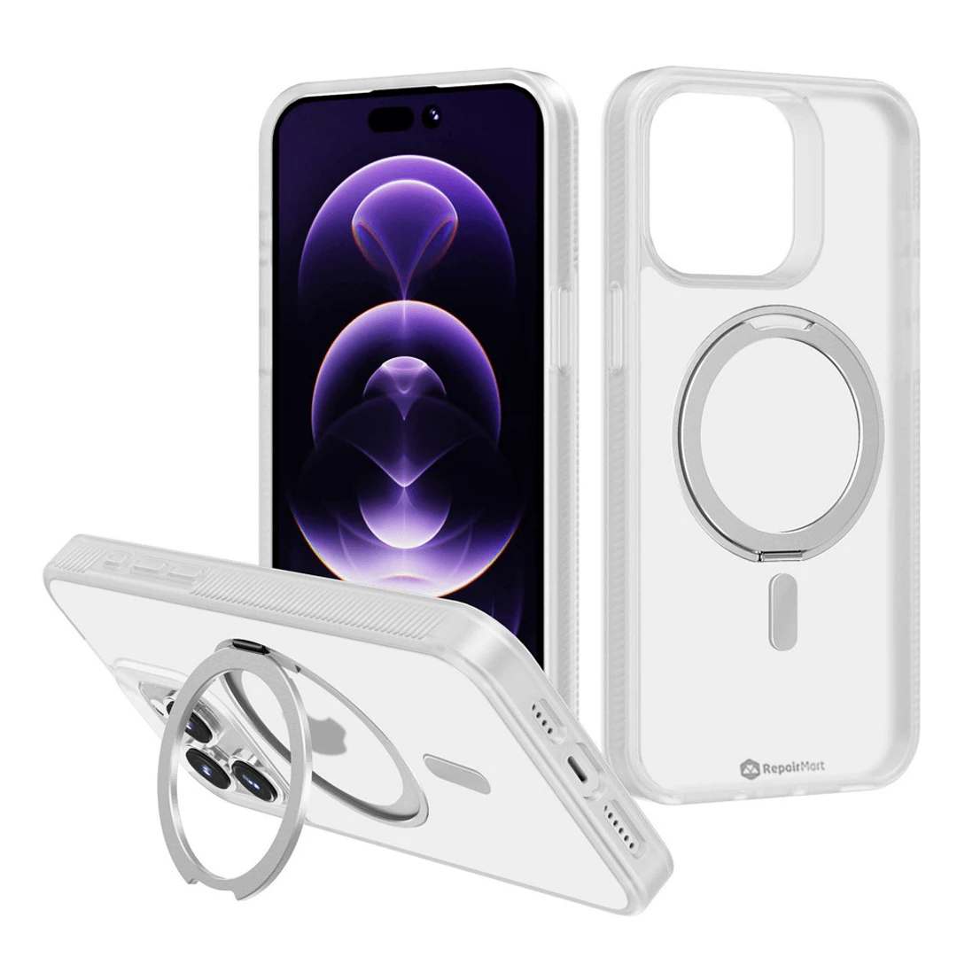 iPhone 15 Plus Compatible Case Cover With 360o Rotation Magnetic Matte Stand And Compatible With MagSafe Technology - White