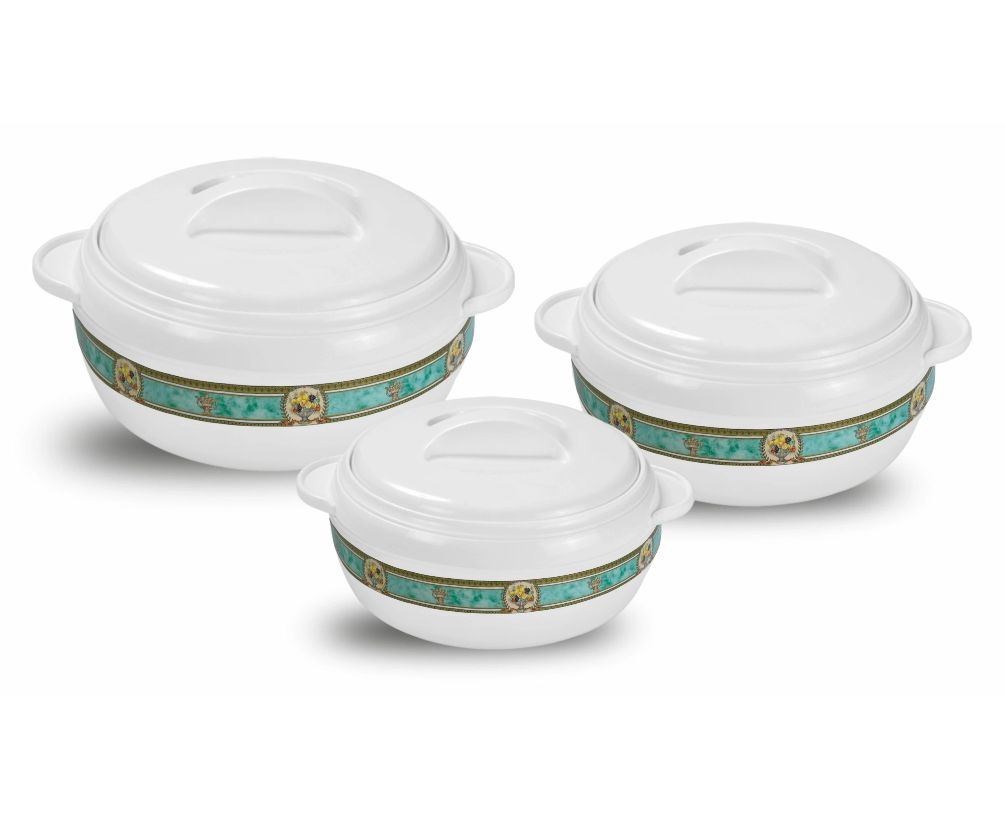 The House of Florence Karishma 3pc Set Royal 1.2lt, 1.6lt and 2.5lt White with Green Foil Band Food Warmer