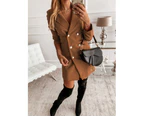 Women's Solid Color Long Sleeve Lapel Double Breasted Mid Length Suit Blazer Outwear-black